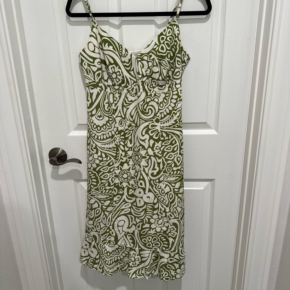 Vintage Ann Taylor Green and White Patterned Women's Dress